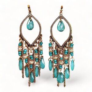 Bohemian Drop Chandelier Earrings Teal Blue Sparkle NEW